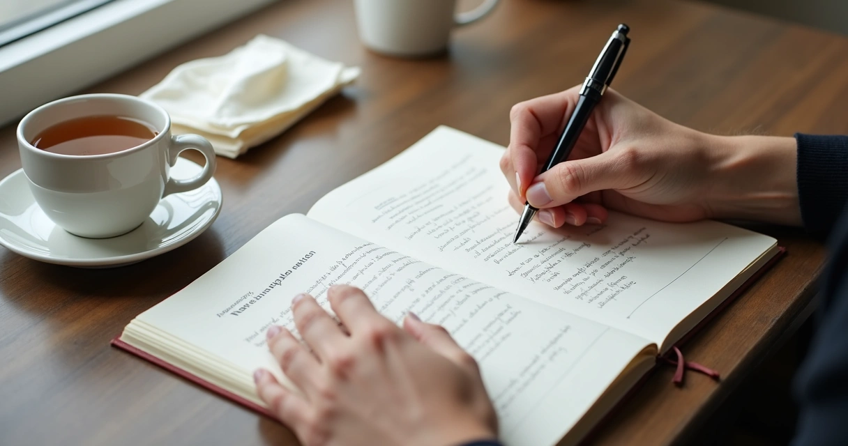 Cuaderno abierto junto a una taza y una mano escribiendo 