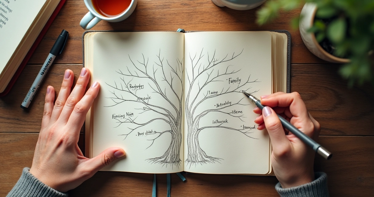 Cuaderno con árbol familiar y manos tomando notas