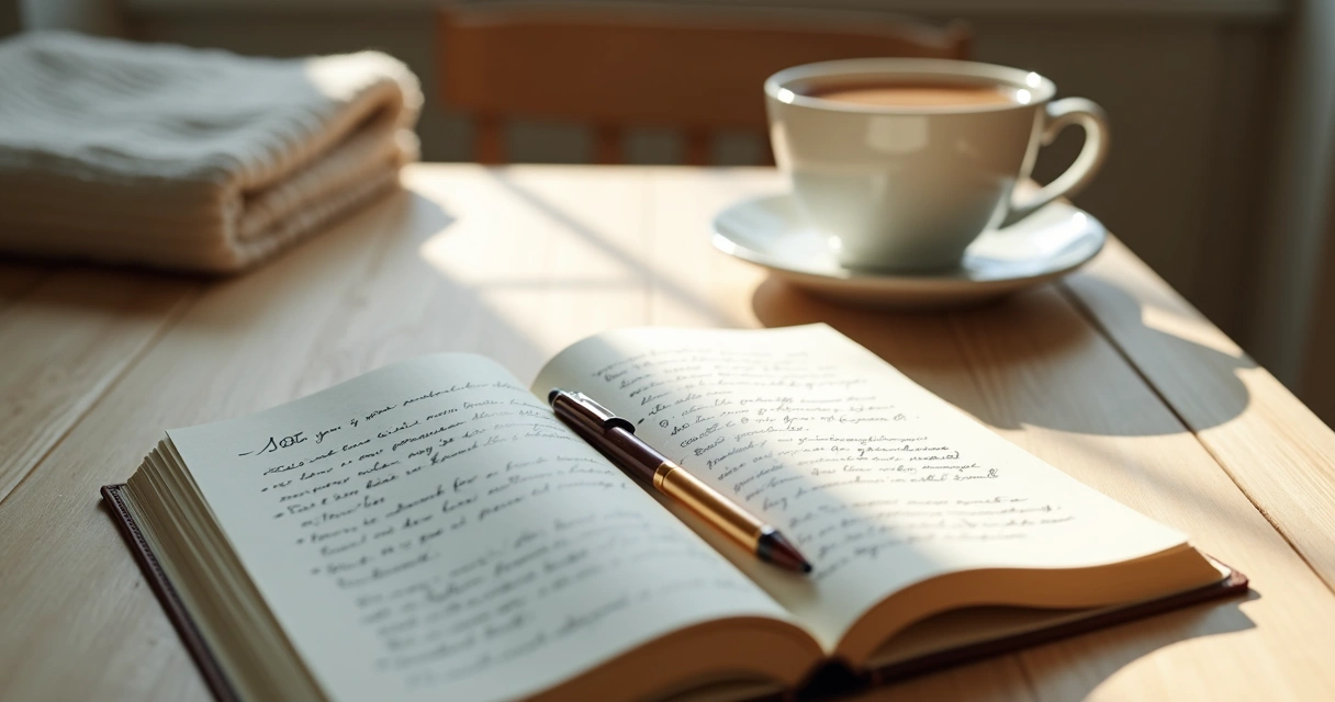 Cuaderno abierto con notas de reflexión y taza de té sobre una mesa 