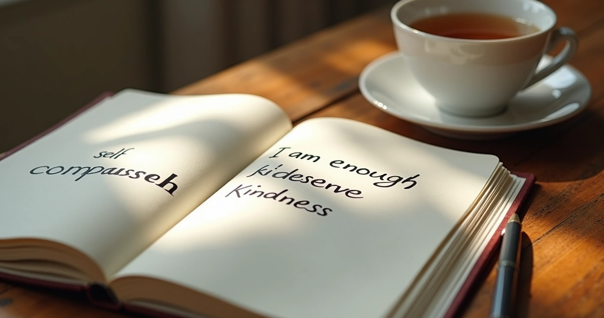 Cuaderno abierto con frases de autocompasión escritas 