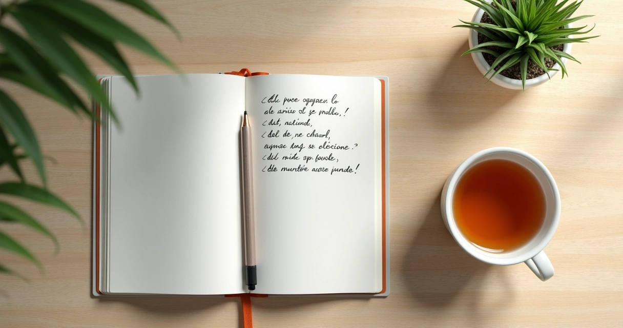 Cuaderno abierto con notas y taza sobre mesa clara 