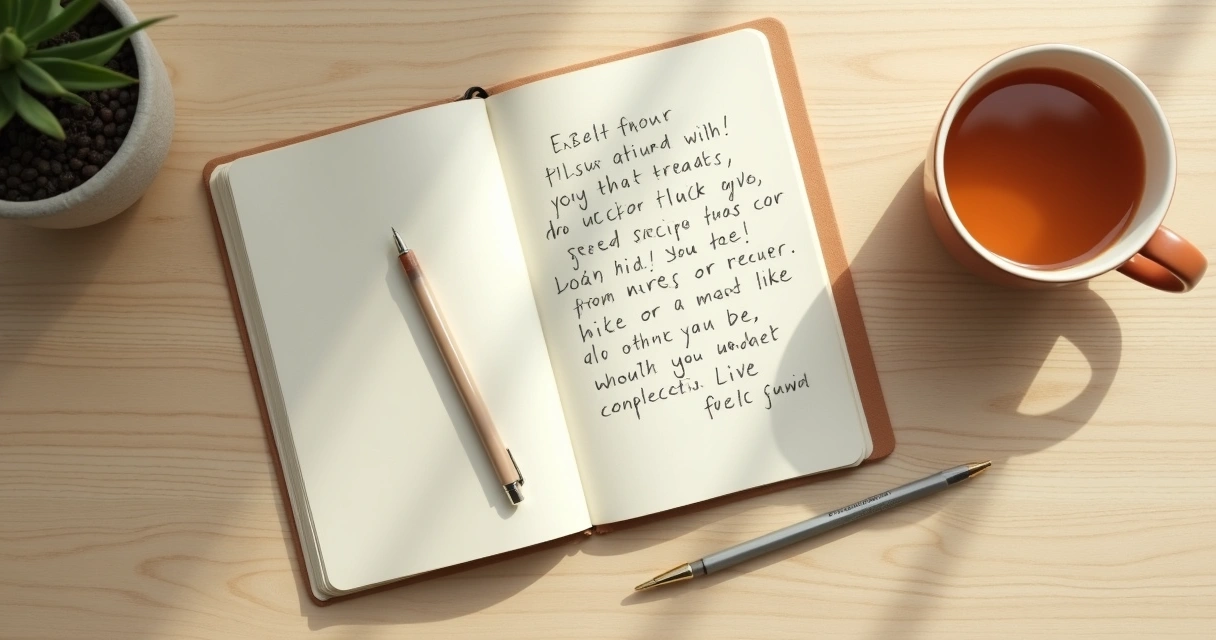 Cuaderno abierto con notas de reflexión y una taza sobre mesa clara 