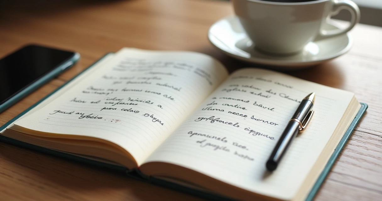 Cuaderno abierto con notas personales y taza de café
