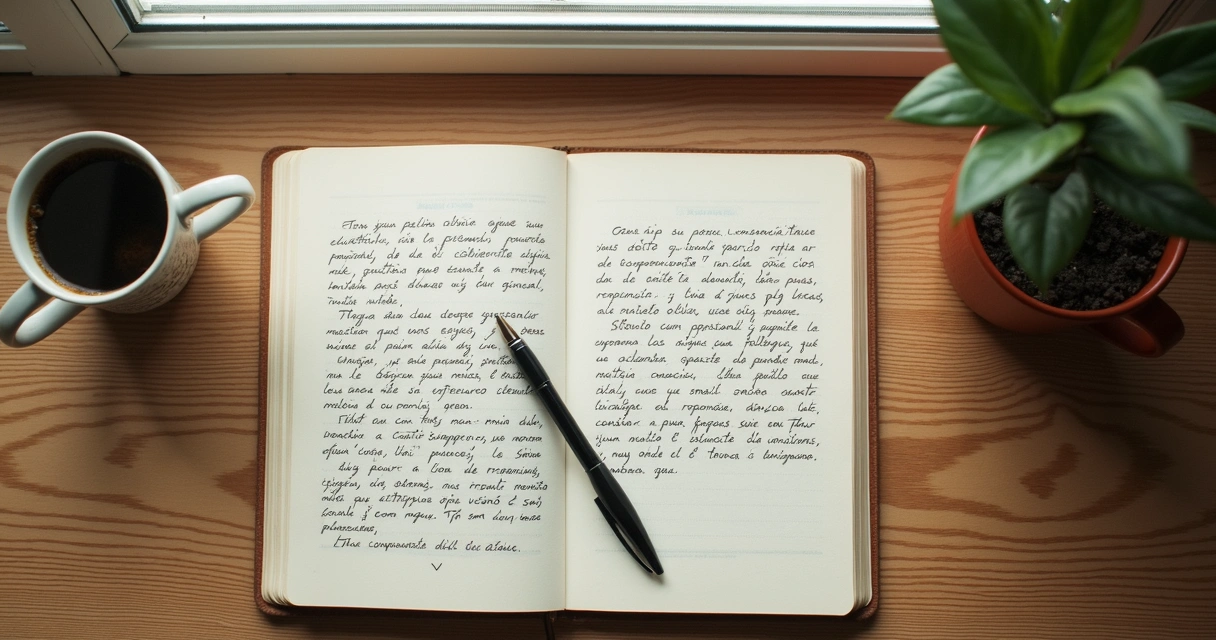 Cuaderno abierto con notas de reflexión y taza de café en un escritorio tranquilo 