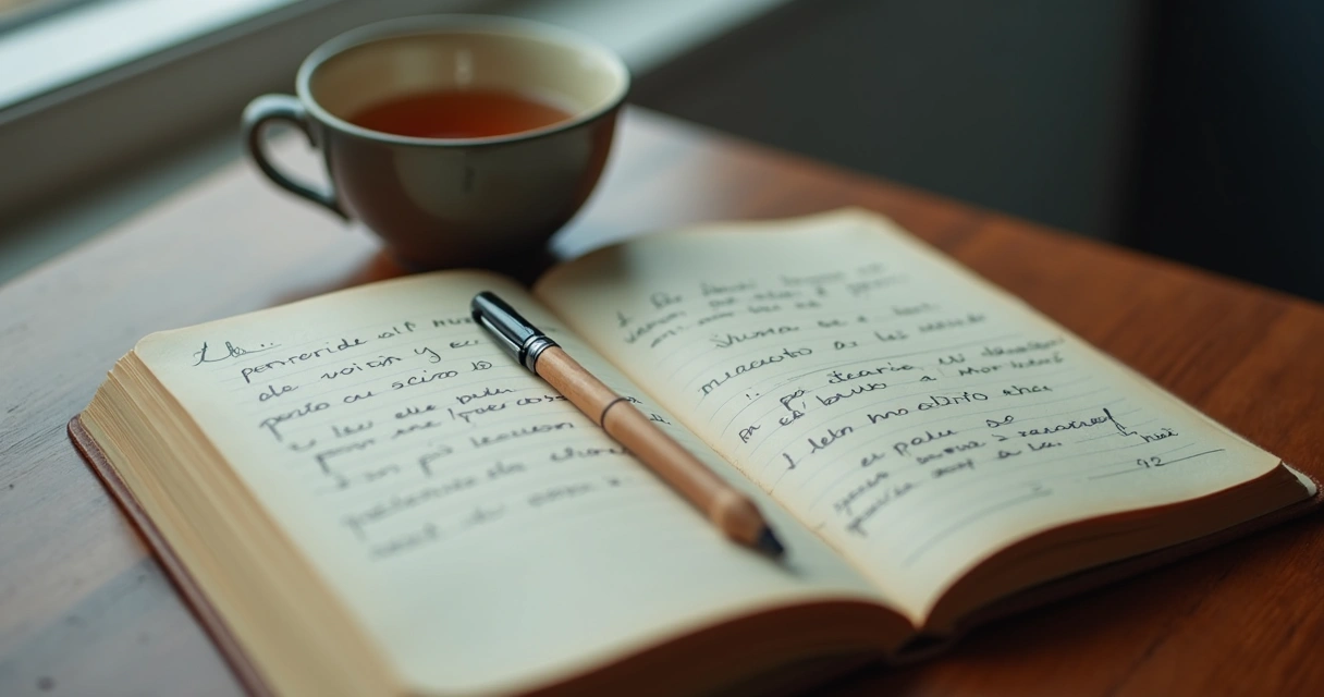 Cuaderno abierto con preguntas escritas y taza junto a una ventana 