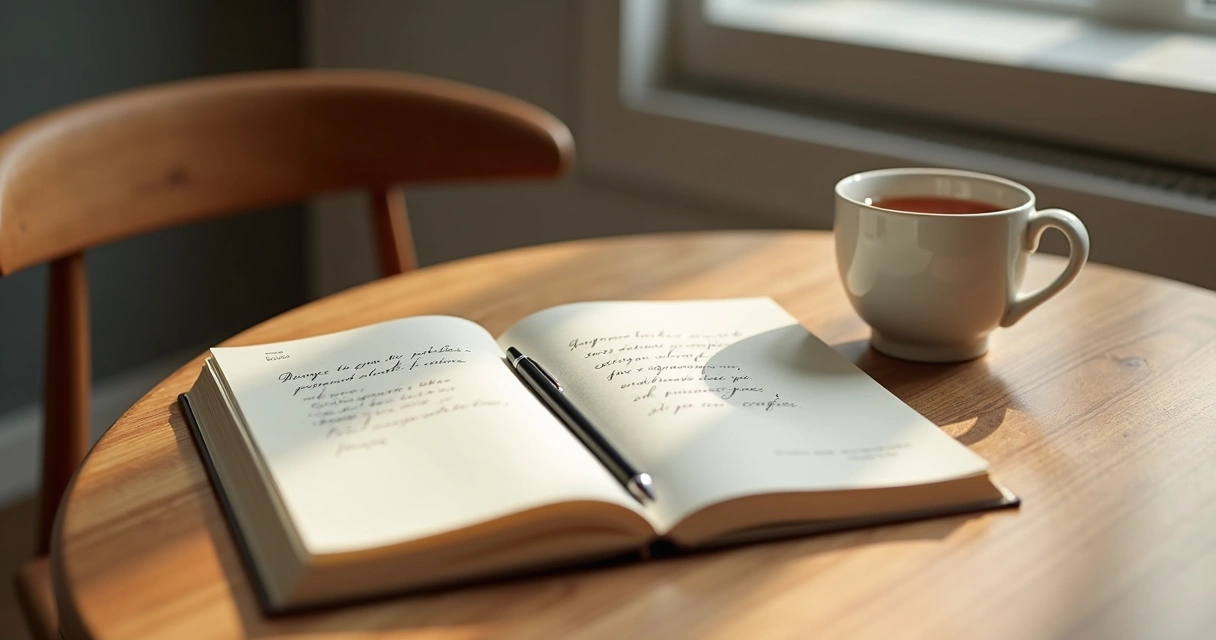 Cuaderno abierto con notas de reflexión y una taza sobre la mesa 