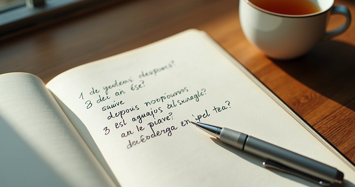 Cuaderno abierto con preguntas escritas y una taza al lado 