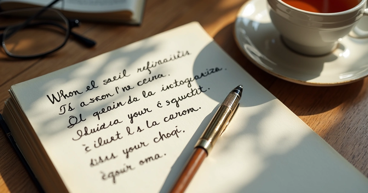 Cuaderno abierto con notas de reflexión y una taza sobre mesa de madera 