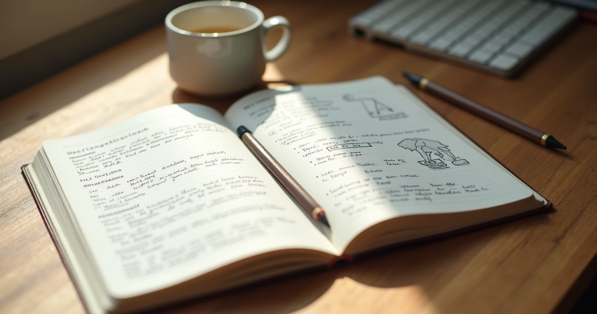 Cuaderno con notas personales y taza sobre escritorio sobrio
