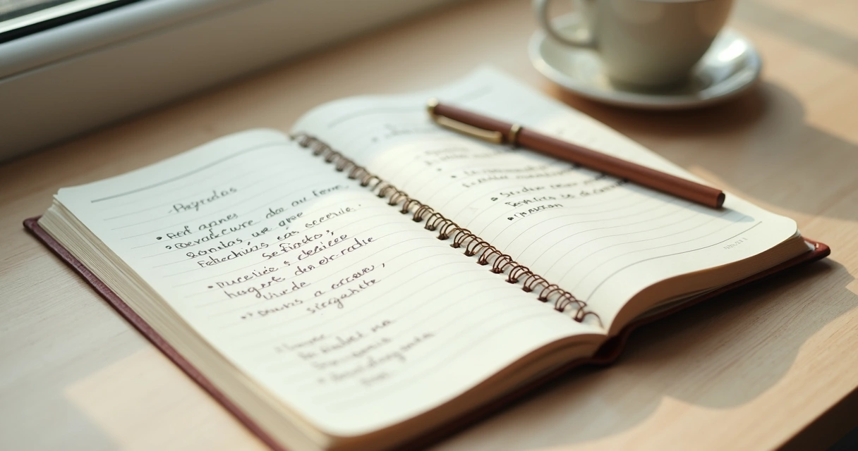 Cuaderno abierto con notas de autoobservación y una taza de té 