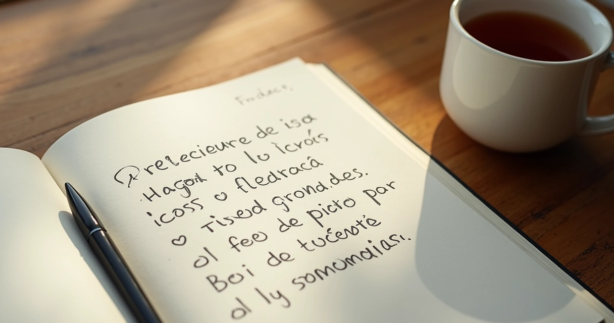 Cuaderno abierto con notas de reflexión diaria y taza de té 