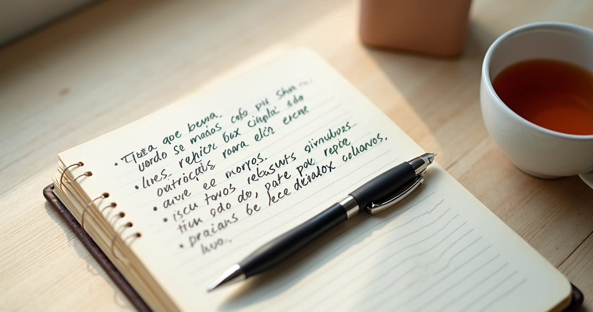 Cuaderno abierto con notas de emociones y una taza sobre escritorio claro 