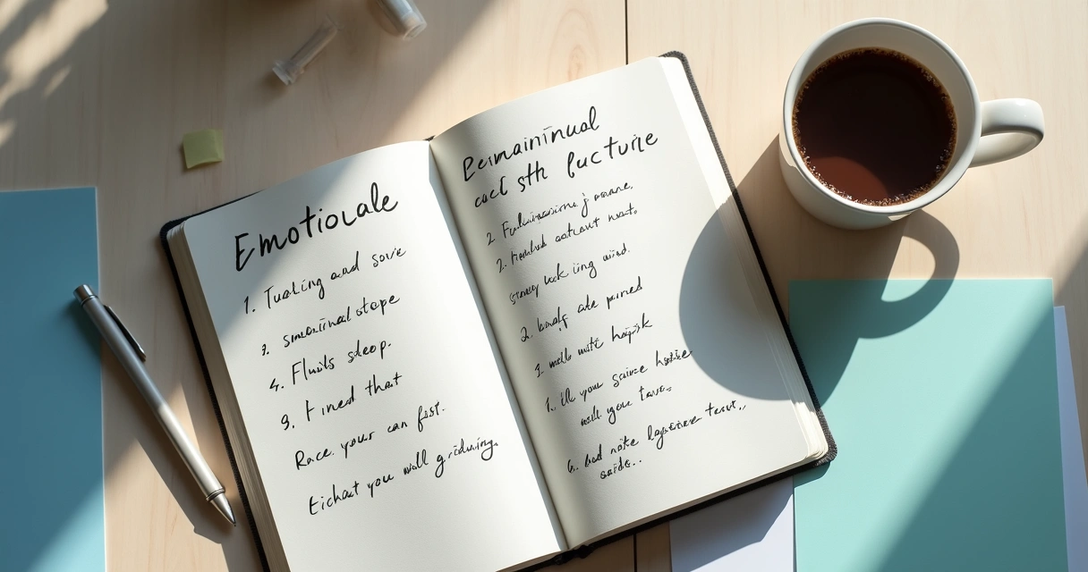 Cuaderno abierto con pasos de autorregulación emocional y una taza sobre escritorio