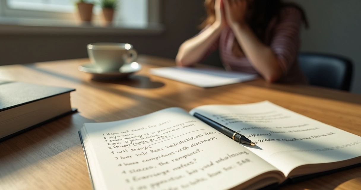 Cuaderno abierto con notas y persona pensativa en escritorio