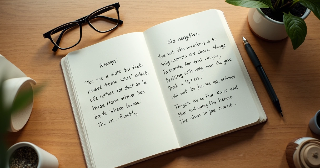 Cuaderno abierto con frases tachadas y nuevas ideas escritas
