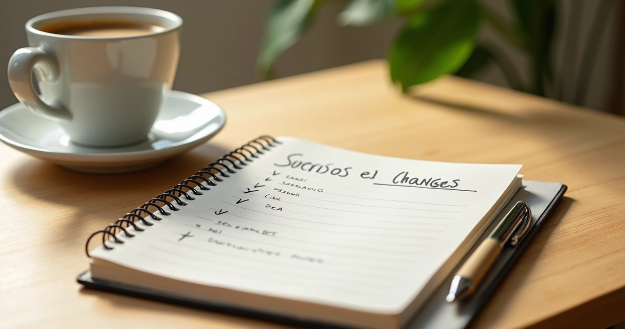 Cuaderno abierto con plan de cambio y taza de café 