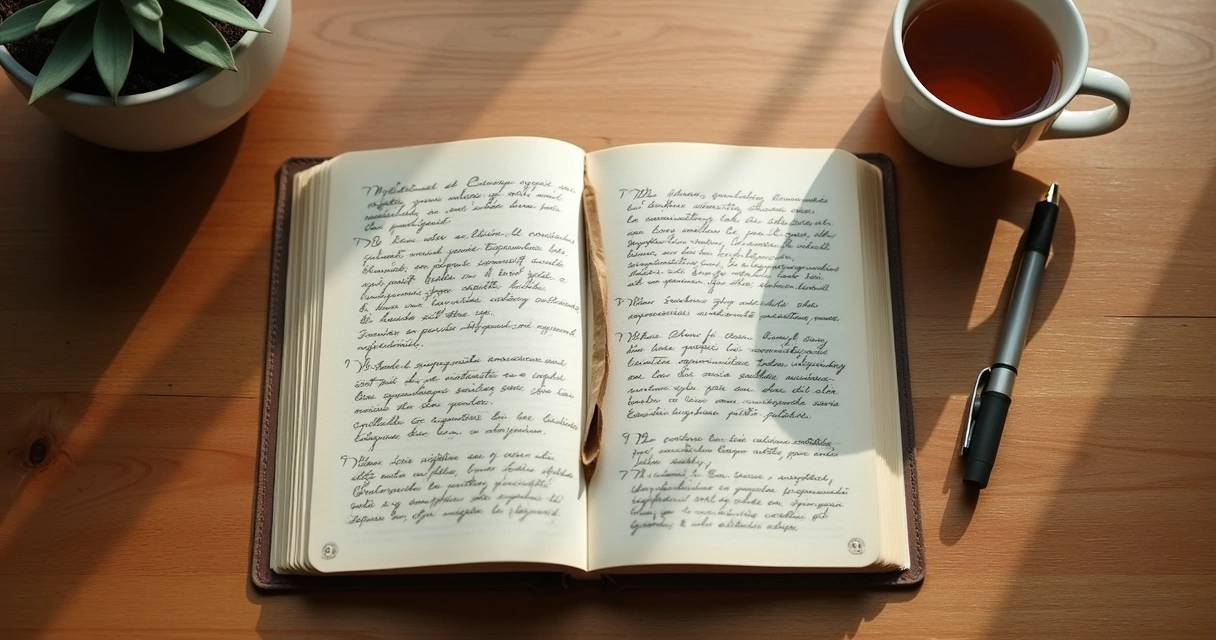 Cuaderno abierto con notas de reflexión y una taza sobre mesa de madera