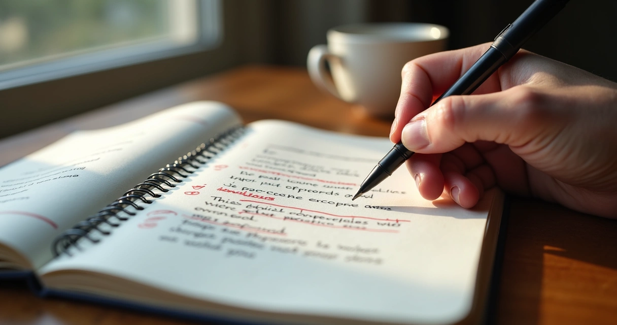 Cuaderno con correcciones y mano pensativa