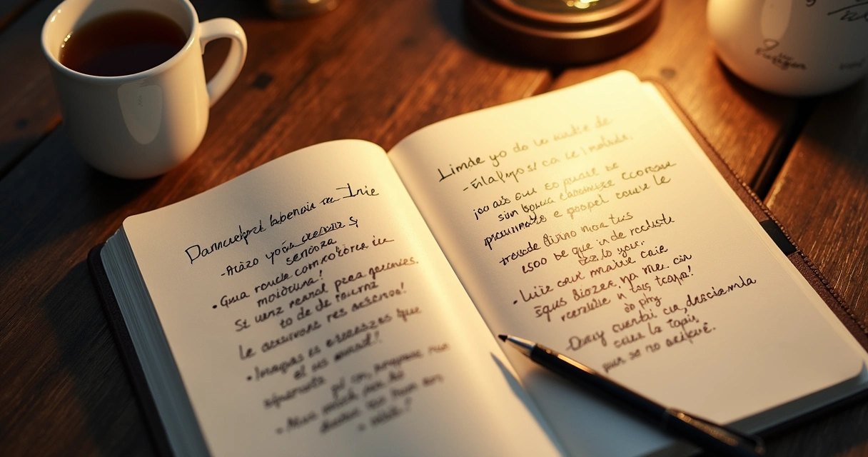 Cuaderno abierto con frases limitantes tachadas y notas reflexivas