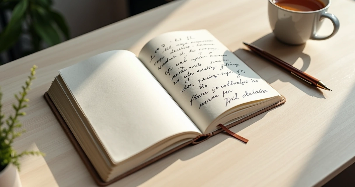 Cuaderno abierto con notas emocionales y taza sobre mesa clara