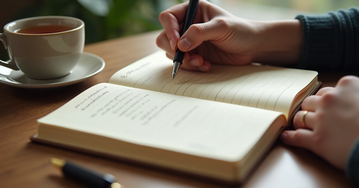 Manos escribiendo en un cuaderno de autoobservación 