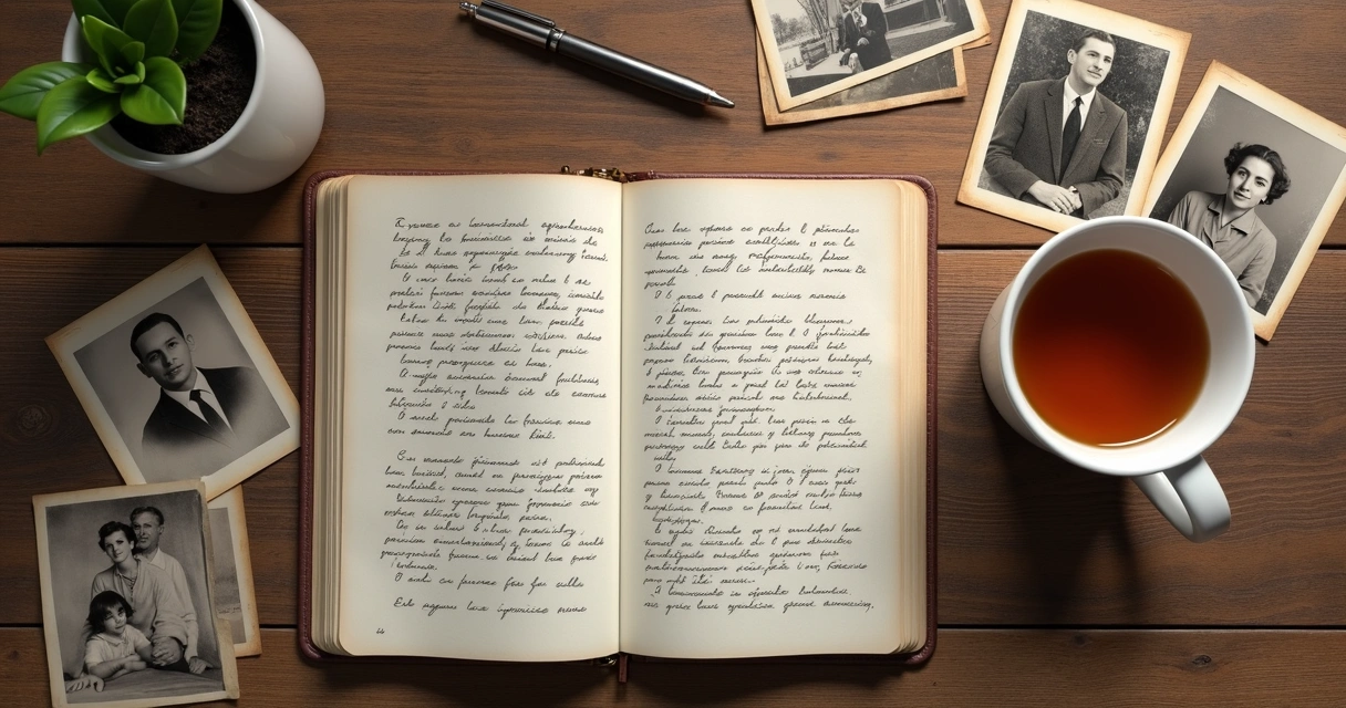 Cuaderno abierto con notas junto a una taza y fotos familiares