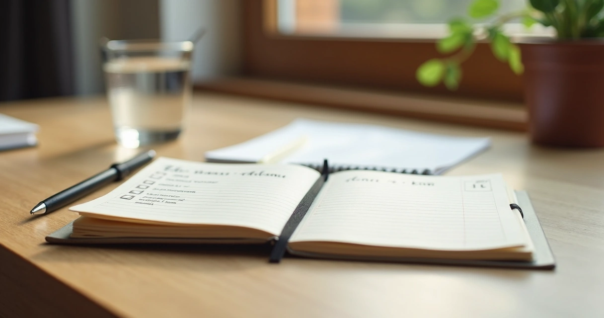 Cuaderno abierto con lista diaria y marca de verificación