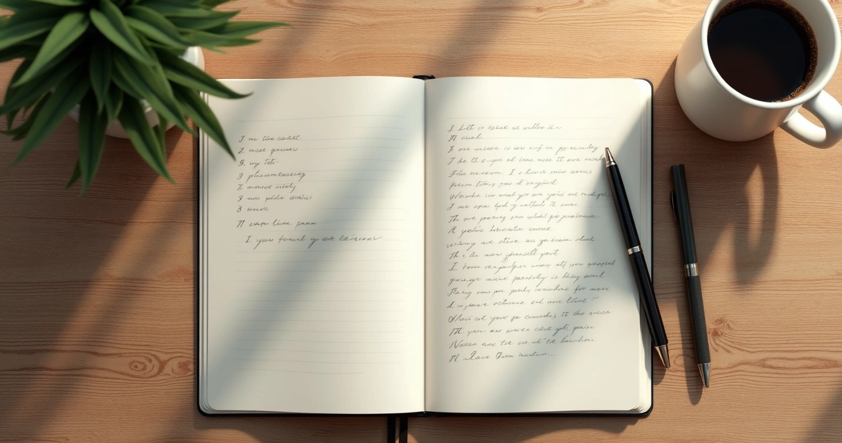Cuaderno abierto con lista de decisiones y taza de café