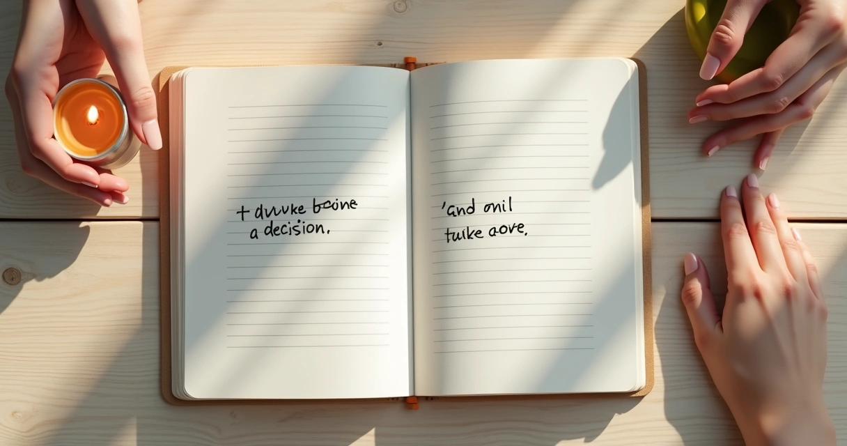 Cuaderno abierto con opciones escritas junto a una vela y manos en reposo 