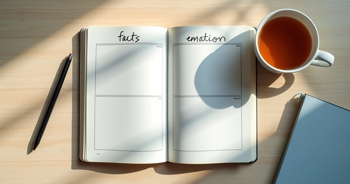 Cuaderno abierto con lista de decisiones y taza de té sobre una mesa clara 