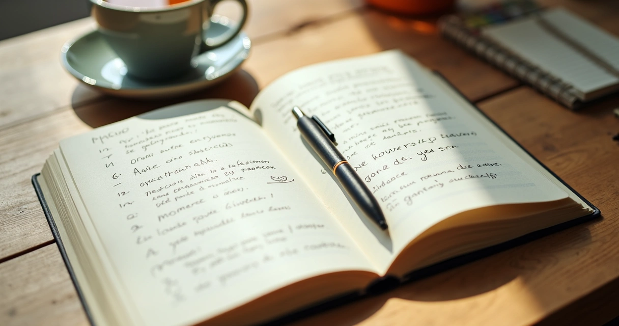 Cuaderno abierto con notas sobre una decisión y una taza al lado 
