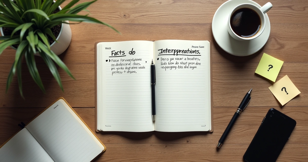 Cuaderno abierto con notas de decisión y taza de café 