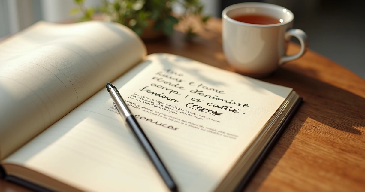 Cuaderno abierto con notas y taza sobre un escritorio tranquilo
