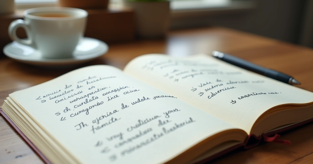 Cuaderno abierto con frases tachadas y nuevas notas a mano 