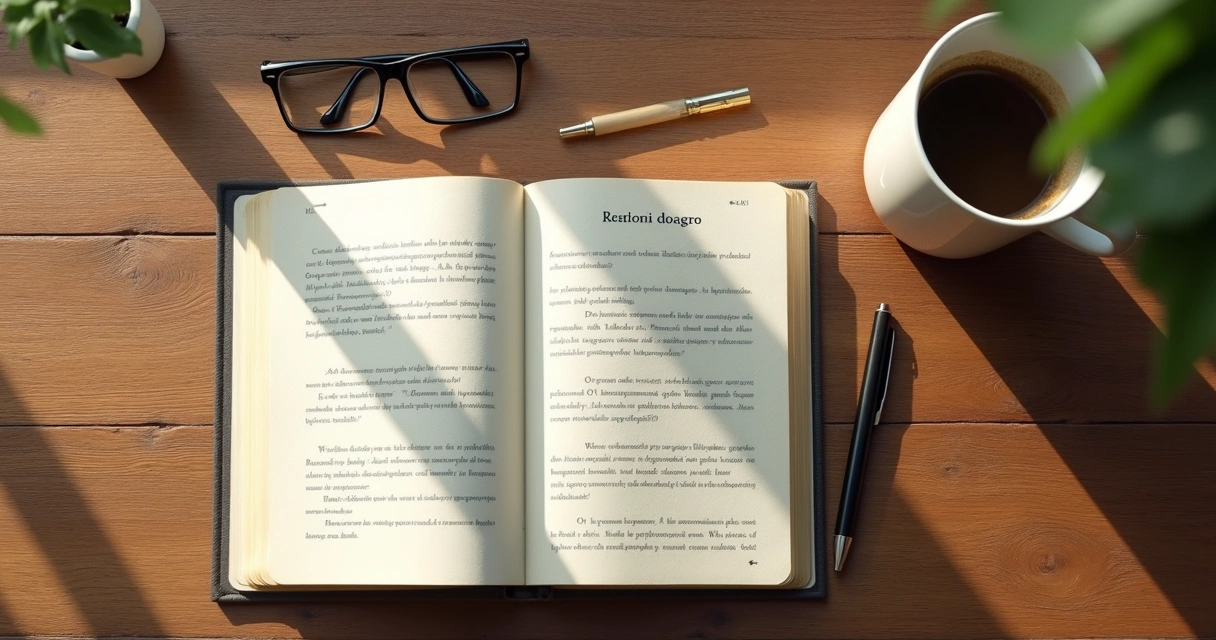 Cuaderno con notas sobre diálogo interno y taza de café