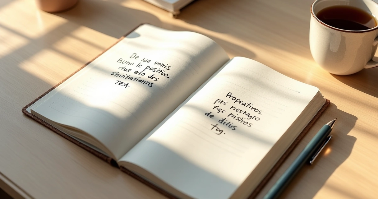 Cuaderno abierto con frases de autodiálogo positivo y una taza sobre un escritorio 