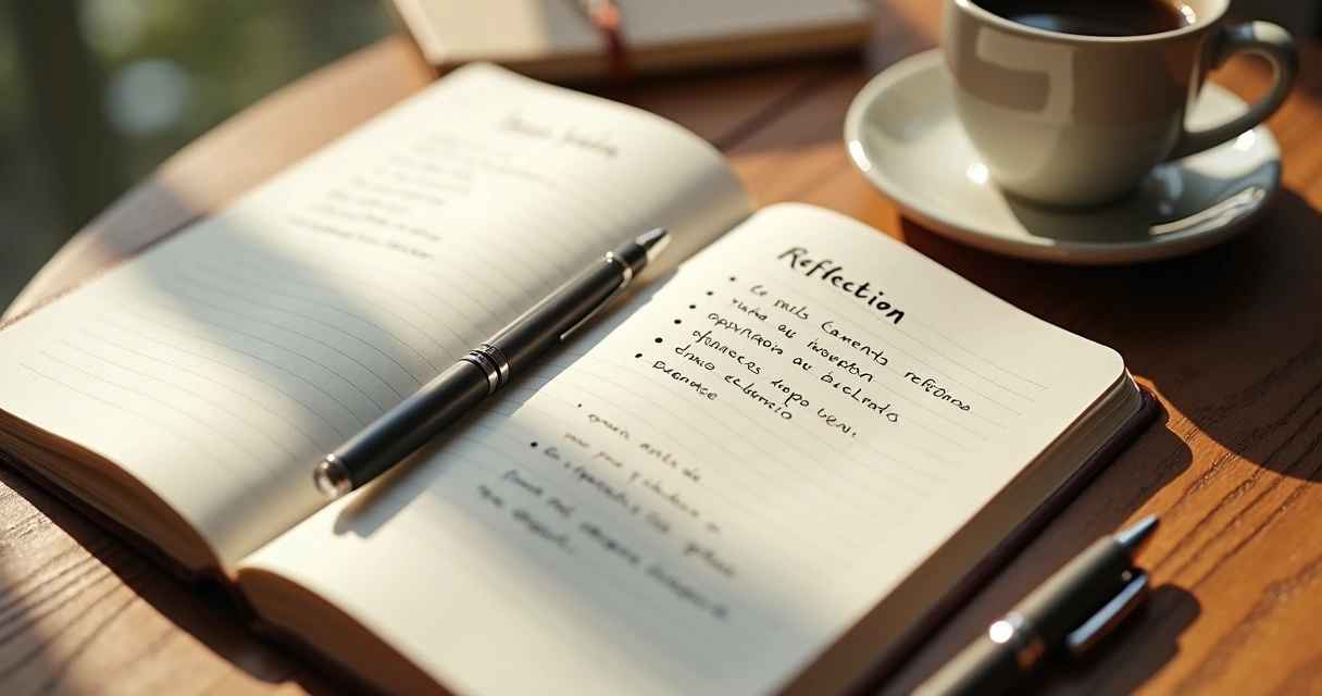Cuaderno abierto con notas de reflexión y una taza de café 