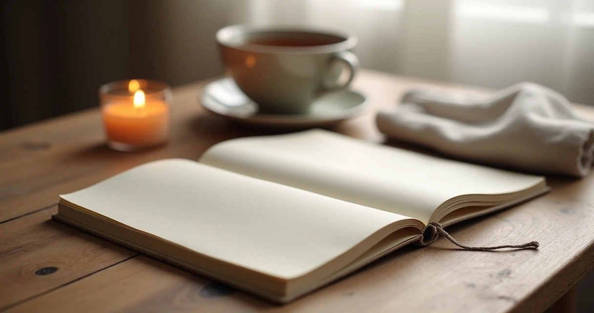 Cuaderno abierto y taza sobre mesa en espacio de meditación sereno 