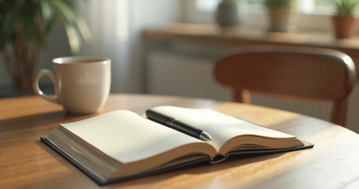 Cuaderno abierto con taza y ventana en un espacio sereno