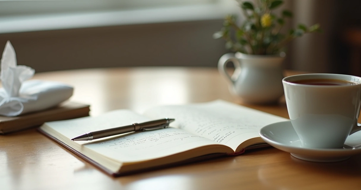 Cuaderno abierto con taza y ventana de fondo 