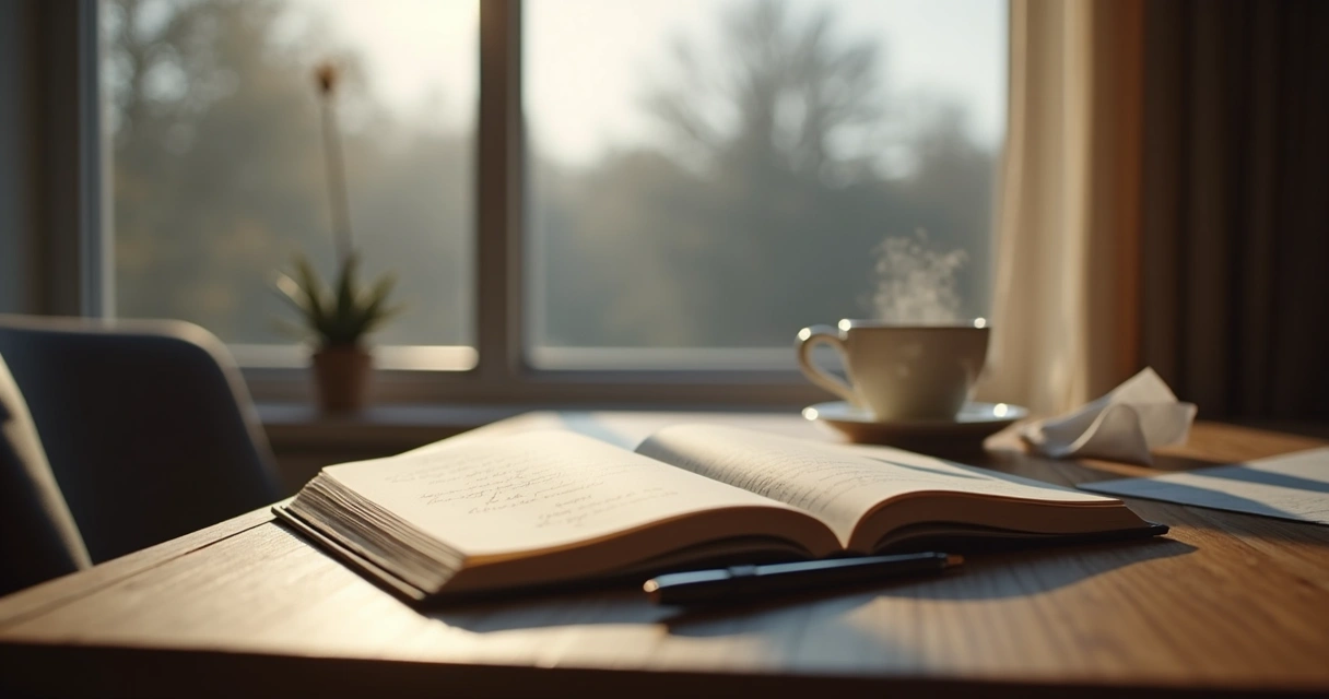 Cuaderno abierto junto a una ventana con luz suave