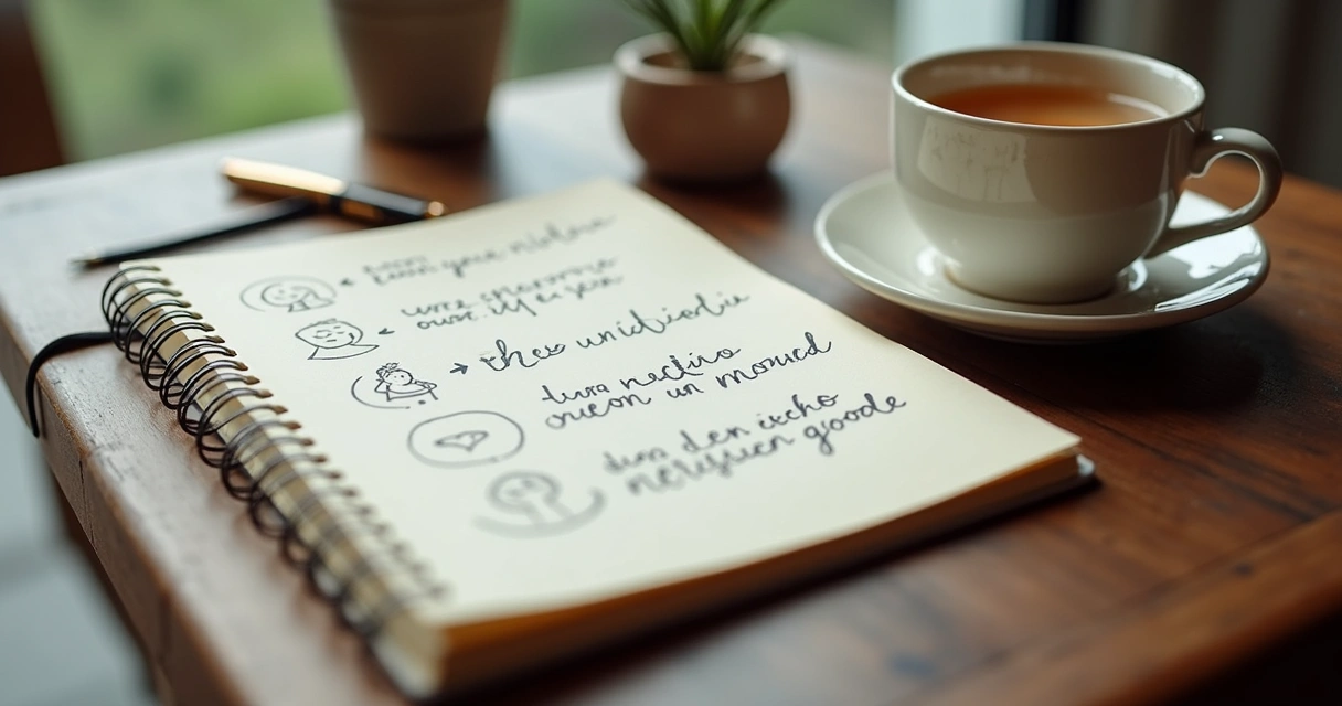Cuaderno con palabras emocionales y taza sobre una mesa 