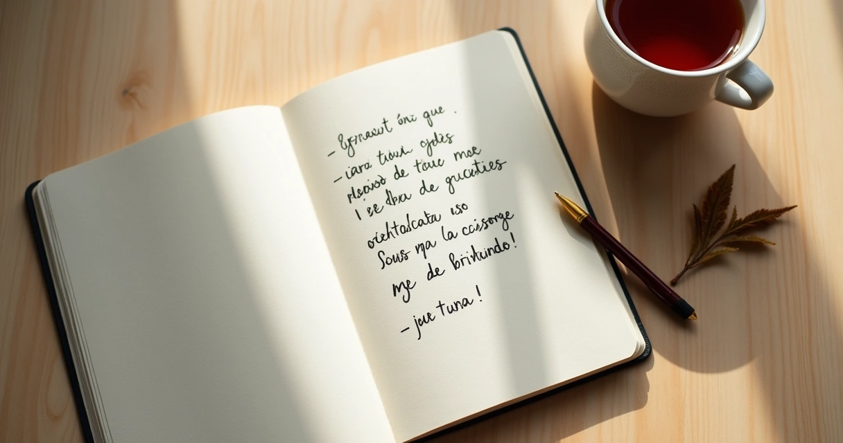 Cuaderno abierto con notas emocionales y una taza sobre la mesa