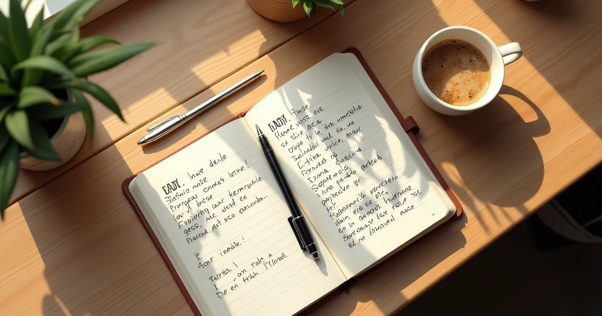 Cuaderno abierto con notas emocionales y una taza de café en escritorio de madera