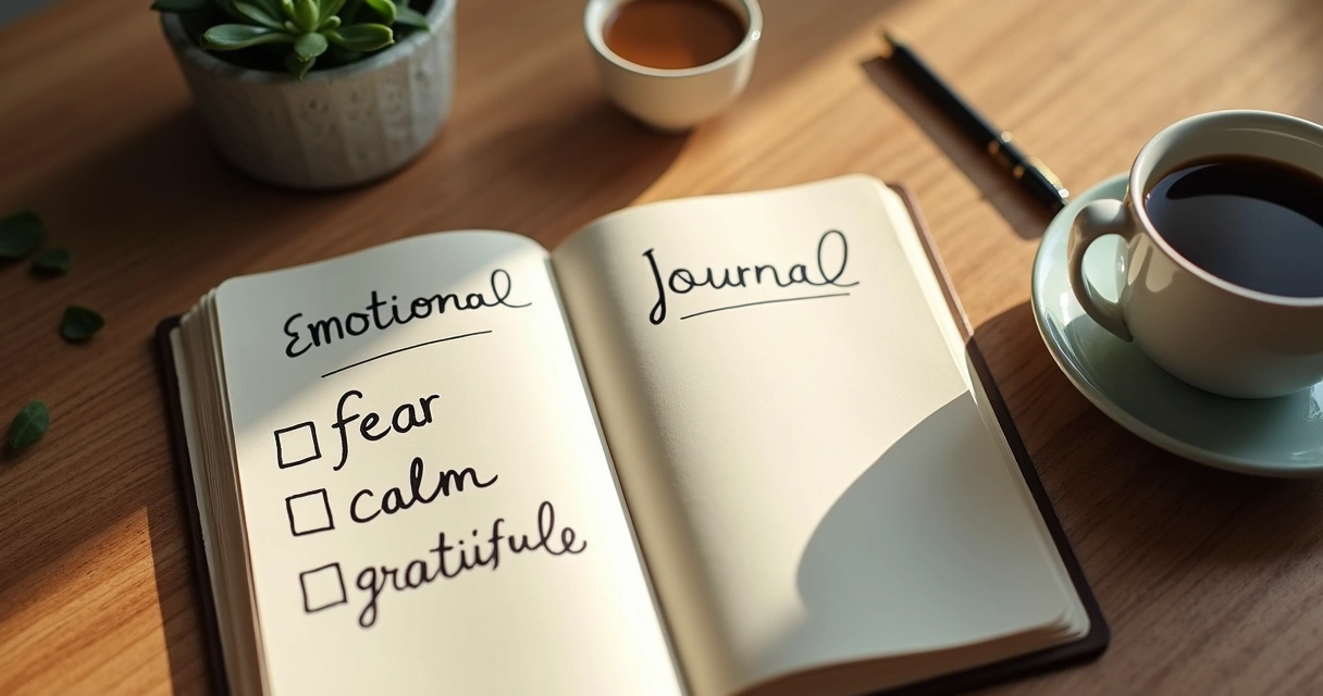 Cuaderno con registro emocional junto a una taza de café y una planta 