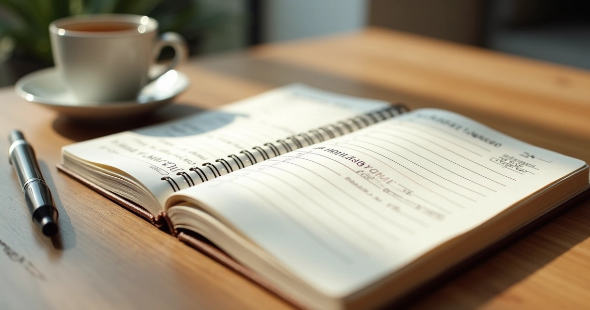 Cuaderno abierto con registro diario de emociones y bolígrafo sobre una mesa