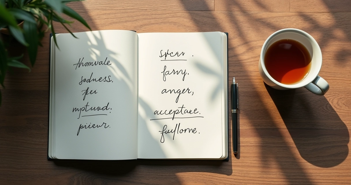 Cuaderno abierto con notas emocionales sobre una mesa junto a una taza