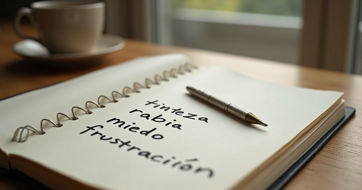 Cuaderno abierto con notas emocionales sobre una mesa de madera 