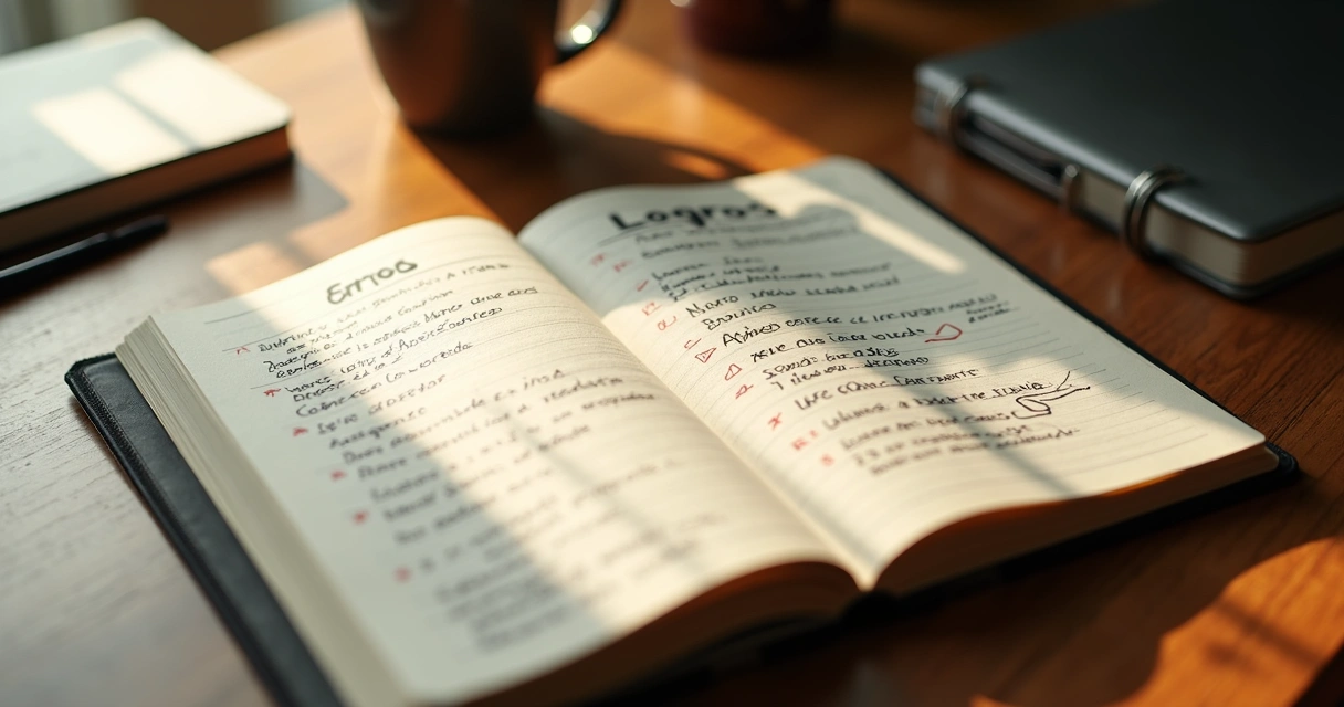 Cuaderno abierto con errores y logros escritos a mano