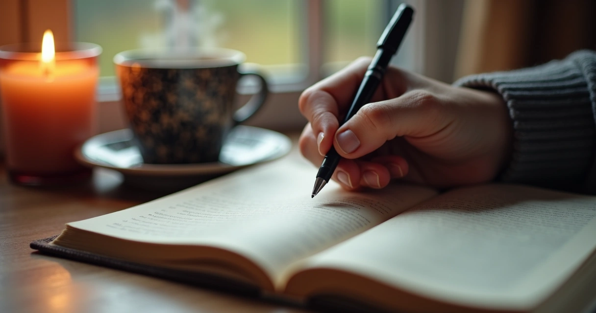 Mano escribiendo reflexiones en un cuaderno cerca de una vela y taza caliente 